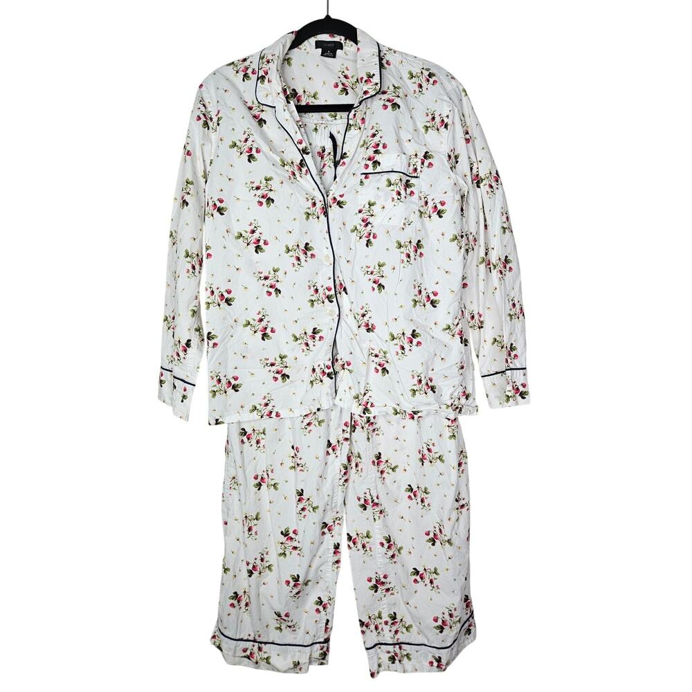 J.Crew S Long-sleeve Cotton Poplin Pajama Set Strawberry Floral Preppy Cozy